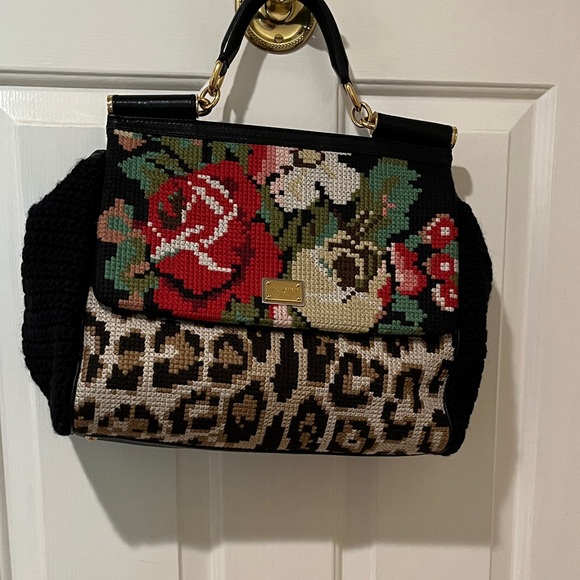 Dolce & Gabbana Tapestry Floral and Leopard Satchel - Black, Red, Green - Picture 6 of 6